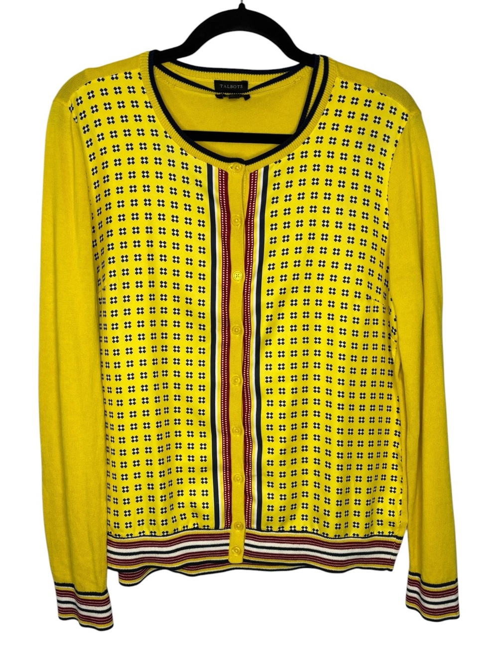 Talbots Women’s Yellow Charming Geo-Print Crew Neck Cardigan Sweater 2 Piece Med